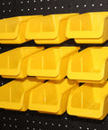 Pegboard Bin Kit For Garage And Workshop Organization, 9 Durable Plastic Bins sized 4 x 7 x 3 inches mounted on a pegboard