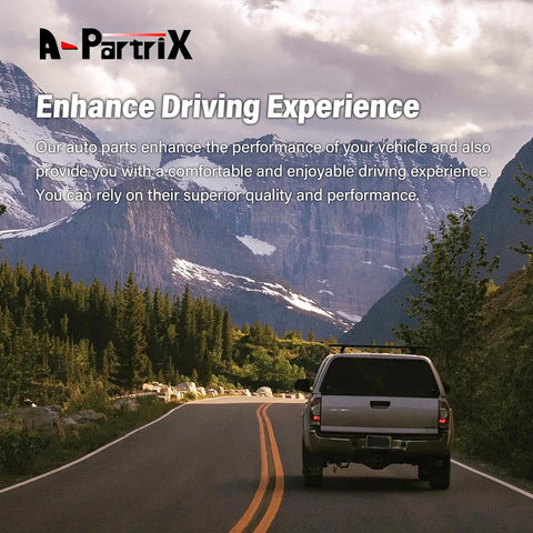 Truck driving on scenic mountain road with text about auto parts performance