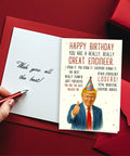 Funny Engineer Birthday Card For Men, open card on red background with engineering design and handwritten message, 5x8 inch size.
