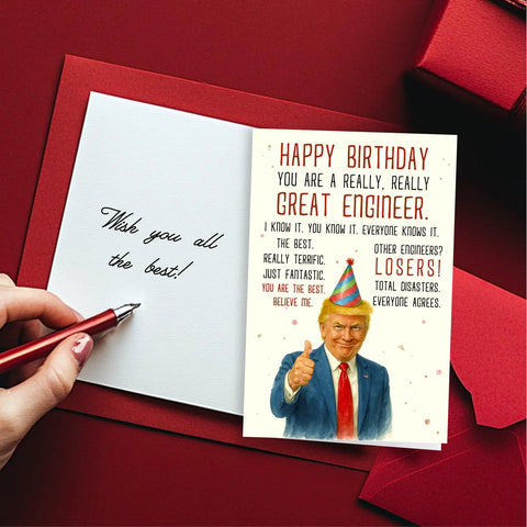 Funny Engineer Birthday Card For Men, open card on red background with engineering design and handwritten message, 5x8 inch size.