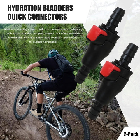 Two-Pack Hydration System Quick Disconnects For One Quarter Inch Drink Tubing, Leak-Free Connection next to mountain biker