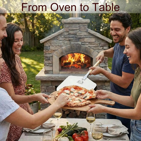 Group using Pizza Peel 12 By 14 Aluminum Paddle With 21 Inch Detachable Wooden Handle near outdoor stone oven