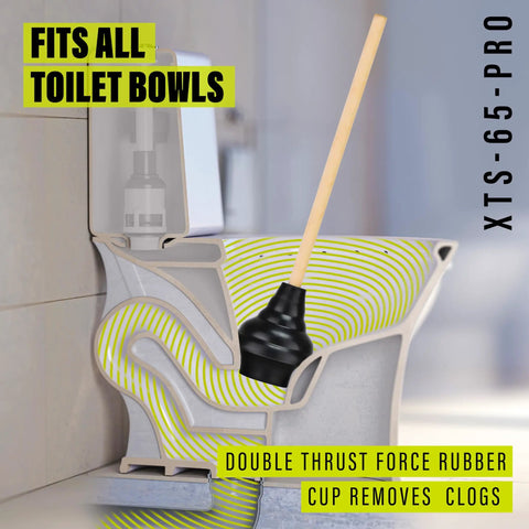 Heavy Duty Toilet Plunger Featuring Double Thrust Rubber Cup And Sturdy Wooden Handle Commercial Grade Drain Unclogger in action on toilet.