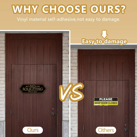 Comparison of No Soliciting Sign For Front Door Self Adhesive Vinyl Modern Sign For Home House Business Apartments And Office Doors Black Gold Durable Easy Peel And Stick For Indoor Use and other sign options.