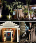 Two Pack 12W LED Landscape Lights illuminating palm trees and house exterior at night, highlighting garden and pathway.