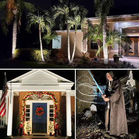 Two Pack 12W LED Landscape Lights illuminating palm trees and house exterior at night, highlighting garden and pathway.