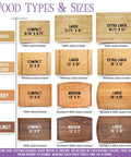 Board types and sizes chart: bamboo, cherry, walnut boards in compact to extra large, with or without juice grooves.