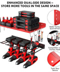 Heavy Duty Wall Mount Power Tool Organizer Rack For Garage, Workshop And Shed That Holds Drills, Batteries, Cordless And Handheld Tools, And Accessories In A Steel Red Finish With 100 Lb Capacity And One Piece Design