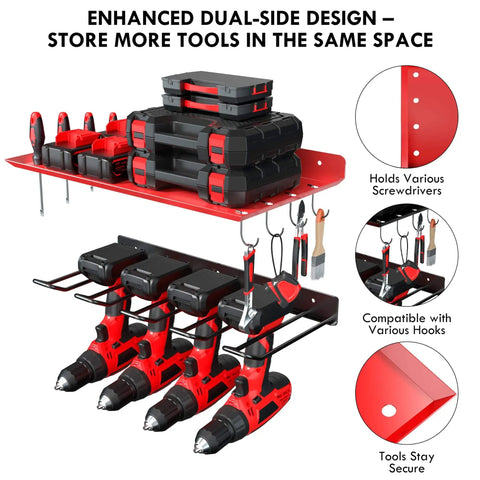 Heavy Duty Wall Mount Power Tool Organizer Rack For Garage, Workshop And Shed That Holds Drills, Batteries, Cordless And Handheld Tools, And Accessories In A Steel Red Finish With 100 Lb Capacity And One Piece Design