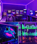 80Ft Black Light Strip With Remote, 1440 LEDs, Flexible 12V Glow Party Blacklights in arcade room with retro cabinets