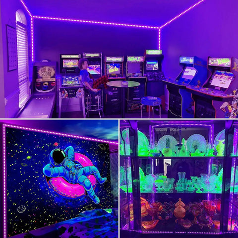 80Ft Black Light Strip With Remote, 1440 LEDs, Flexible 12V Glow Party Blacklights in arcade room with retro cabinets