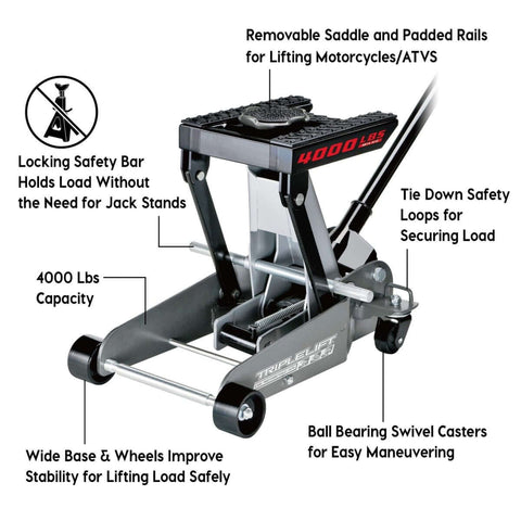 2 Ton Triple Lift Floor Jack For Cars Trucks Motorcycles ATVs And More Replaces Multiple Jacks With A Wide Lift Range From 5.5 Inches To 17.5 Inches Ultra Stable With Locking Safety Bar
