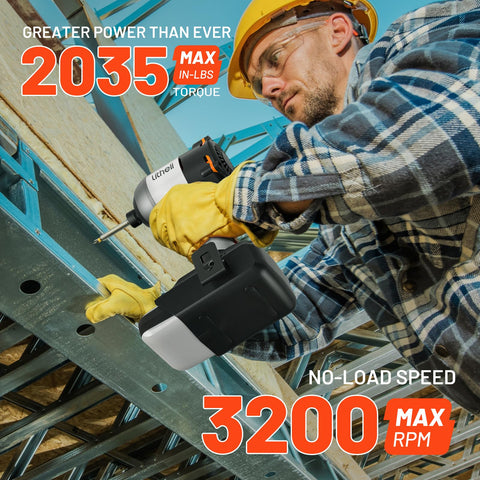 Man using 20V Cordless Impact Driver Kit With 2035 Inch Pounds Max Torque And 1/4 Inch Hex Drive on metal structure