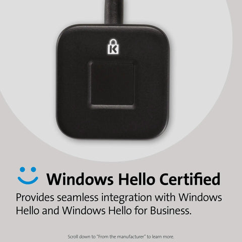 VeriMark Desktop USB Fingerprint Reader for PC, Windows Hello Ready, top view, square shape, Windows Hello Certified logo.