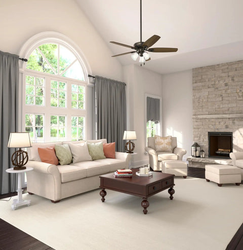 52 Inch Bronze Indoor Ceiling Fan With LED Lights And Pull Chain, 5 Blades, Standard Mount in a cozy living room