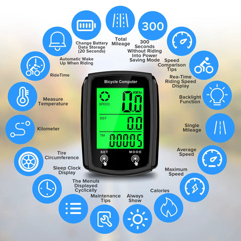 Bike Computer Odometer With Wired Speed Sensor MPH And KMH Readouts Auto Wake Up LCD Cycling Display interface shown