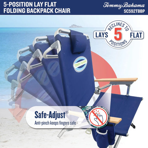 Image of 5-Position Lay Flat Folding Backpack Beach Chair With Aluminum Frame In Red White And Blue Stripe, showing recline positions.