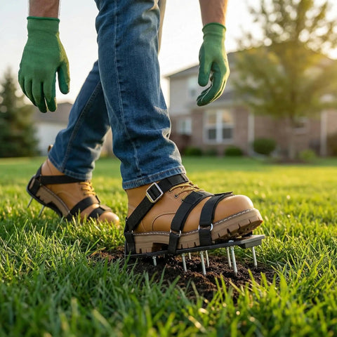 Heavy Duty Lawn Aerator Shoes With Stainless Steel Nails, Adjustable Straps That Fit Any Shoes in use for yard care