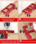 Instructional steps for using Pro Grade Aluminum Door Hinge Template Jig For Router on wooden door surface.