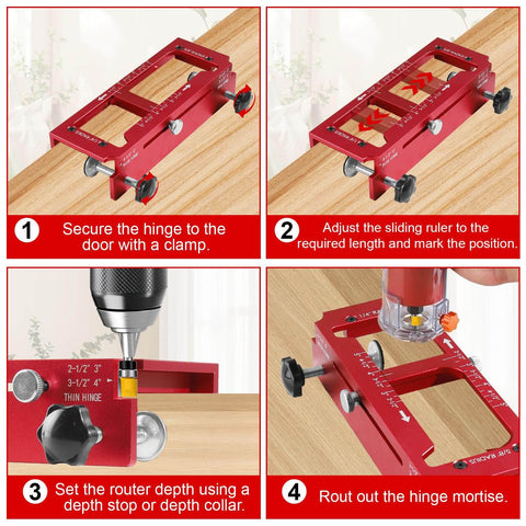 Instructional steps for using Pro Grade Aluminum Door Hinge Template Jig For Router on wooden door surface.