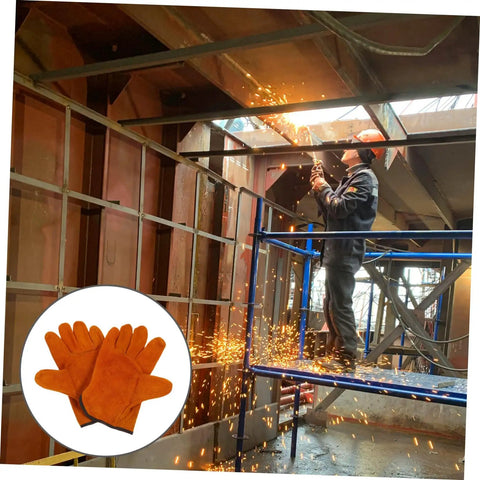 Rock Solid Full Leather Welding Gloves For Men And Women Electric Safety Gear With Daily Heavy Duty Grip Thick Palm Padding Premium Heat Resistant Shield worn by a worker welding with sparks flying.
