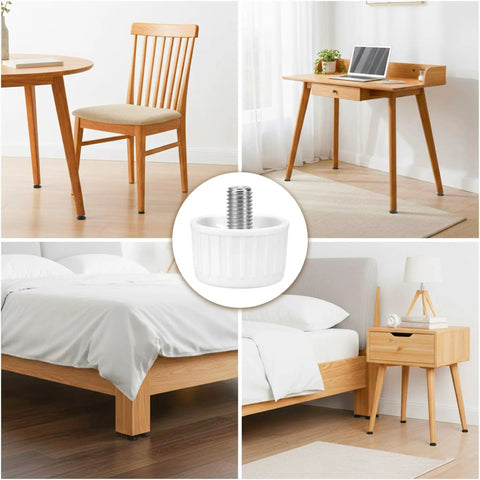 Smooth Operator Fridge Leveling Feet Polyurethane Round Foot Pads set on furniture legs, showcasing white pads and their use in stabilizing.