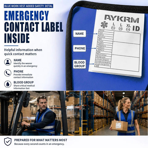 Heavy Duty High Visibility Safety Vest In Vivid Blue Featuring Continuous Reflective Banding Cut From Ultra Breathable Mesh For Hard Hats Trail Blazers And Night Runners with emergency contact label.
