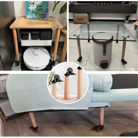 4 Pack Solid Beech Wood Furniture Legs With Wheels And Brakes Tapered Replacement Feet for table and couch