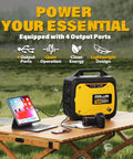 2400-Watt Portable Inverter Generator for home use on wooden table powering laptop and camera in outdoor setting
