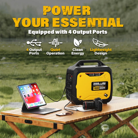 2400-Watt Portable Inverter Generator for home use on wooden table powering laptop and camera in outdoor setting