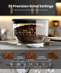 Dual Boiler Espresso Machine With Integrated Grinder And 20 Bar Pump showcasing 30 precision grind settings and coffee beans.