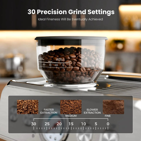 Dual Boiler Espresso Machine With Integrated Grinder And 20 Bar Pump showcasing 30 precision grind settings and coffee beans.