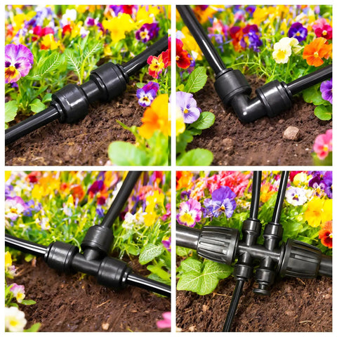 1/4 Inch Drip Irrigation Fittings Kit 40-Piece Go-To Set Push-To-Fit Connectors in a vibrant flower garden setup