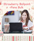 Woman using laptop with 108 Pink Strawberry Themed Retractable Ballpoint Pens Bulk Set With 9 Styles as decor