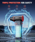 F5S 180000 RPM Cordless Air Duster with Brushless Motor showcased with safety features and tech background