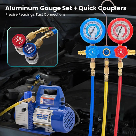 4 CFM Single Stage Vacuum Pump 110V with R134a AC Manifold Gauge Set and Leak Detector Complete HVAC Service Kit