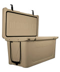 Bombproof 125 Quart Insulated Cooler Tough As Nails Rotomolded Hard Ice Chest with tan exterior and open lid, ideal for outdoor activities.
