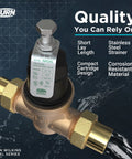 Front view of Zurn Wilkins NR3XL 1-inch pressure reducing valve with double-union copper-sweat connections.