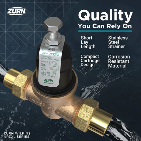 Front view of Zurn Wilkins NR3XL 1-inch pressure reducing valve with double-union copper-sweat connections.