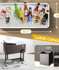 Portable Patio Cooler Bar Cart 80QT Rolling Beverage Station with storage shelf, lockable wheels, bottle opener, holds drinks.