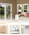 Living room with sliding glass doors overlooking garden, featuring white furniture and Windows, demonstrating wide application of space.