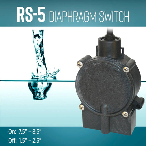 RS 5 115 Volt Piggyback Diaphragm Pump Down Switch for Sump or Utility Pumps with Water Flow Illustration