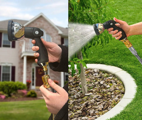 Solid Brass Garden Hose Quick Connect Set Three Quarter Inch GHT Thread Fittings in use for watering garden plants