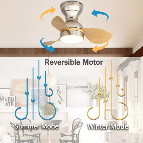 Diagram showing 22 Inch Ceiling Fan With Lights And Remote Control, Low Profile Flush Mount, reversible motor modes, wood grain blades