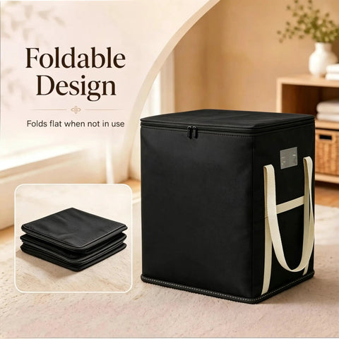 Extra Large Black Storage Bins With Heavy Duty Zipper, Foldable Fabric Bags For Clothes Blankets Comforters Pillows And Toys, Spacious 210 Liter Closet Organizers To Keep Your Gear Neat And Beat The Clutter, foldable design shown in black.