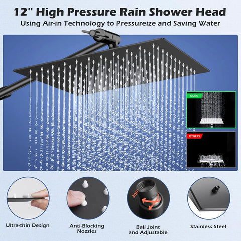 High Pressure Rain Shower Head With Handheld Spray Combo 12 inch large rainfall head with anti-blocking nozzles and adjustable ball joint