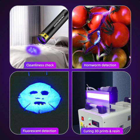 Pocket-Sized 395nm UV Flashlight USB-C Rechargeable Tiny But Mighty Blacklight With 10W Power showing uses for inspection