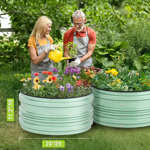 Two galvanized raised garden beds, green, 2x2x1 ft, filled with vegetables and flowers, outdoors, easy assembly, safe edge design.