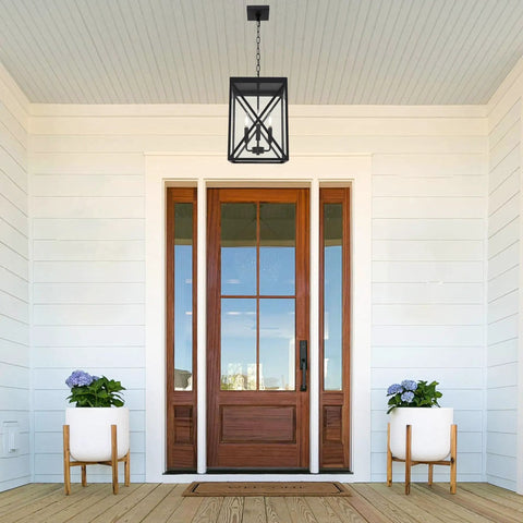 Outdoor Pendant Light 3-Light Exterior Hanging Ceiling Lantern With Water Drop Glass Shade For Porch And Patio In Black Finish