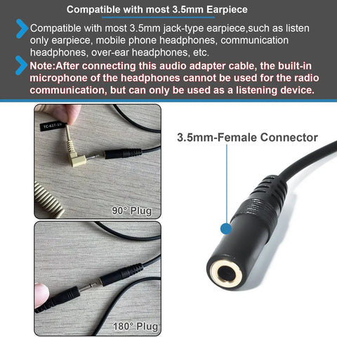 Universal Ham Radio Earpiece Adapter Cable 3.5mm female connector detail for Motorola Talkabout, 90° and 180° plug views
